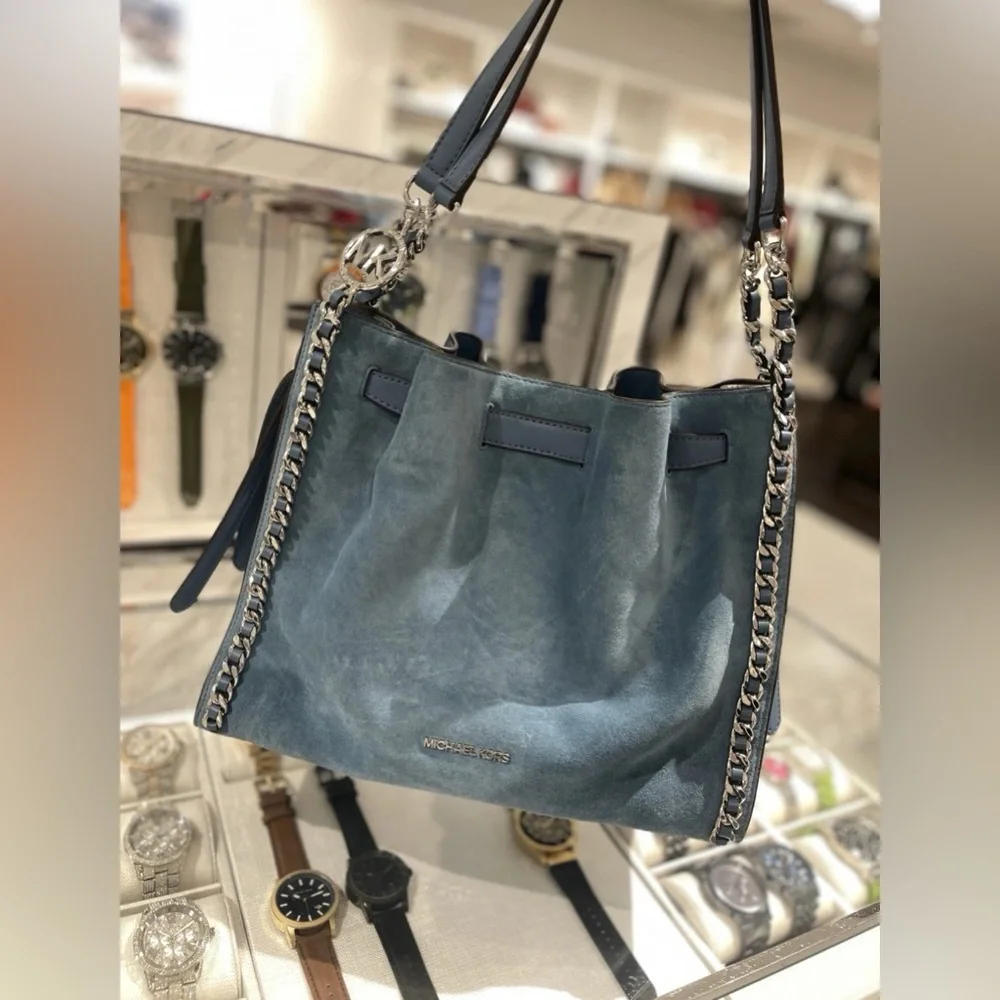 New Michael Kors Mina Large Suede Chain Shoulder Bag cornflower - Picture 7 of 9